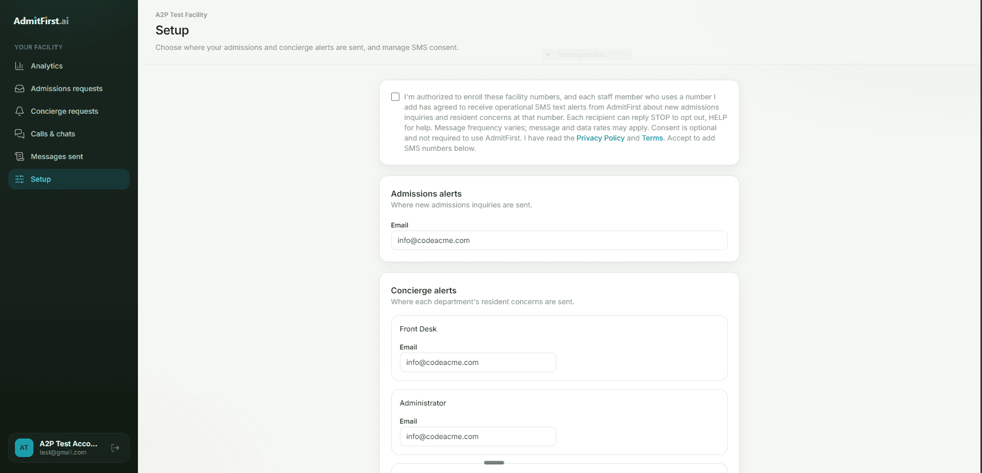 Screenshot of the AdmitFirst Setup page showing the SMS consent checkbox that is unchecked by default